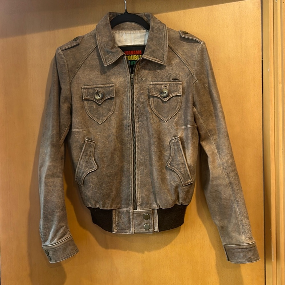 Distressed brown leather bomber jacket, sz S